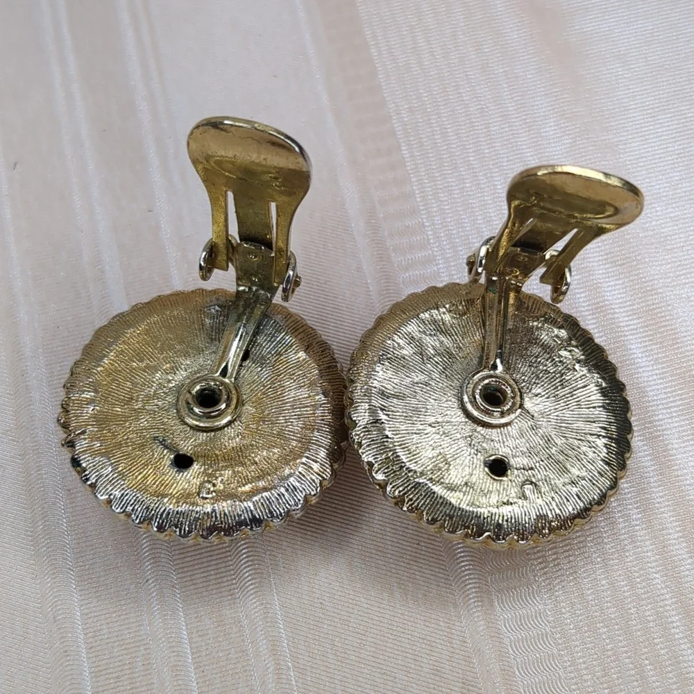 3/$15 Vintage 60s Gold Tone Mesh Button Earrings Round Mid Century Modern Style